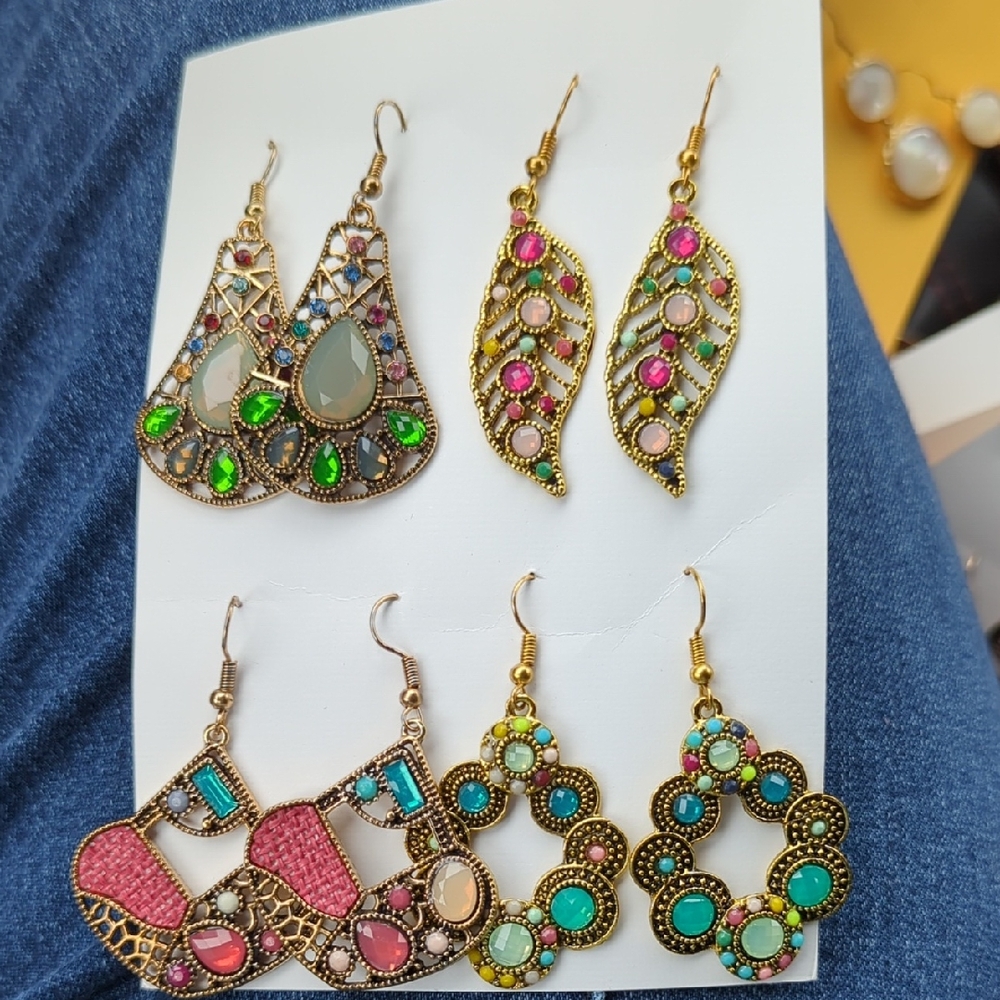 Boho Multicolor Crystal Drop Earrings - Gold Tone
